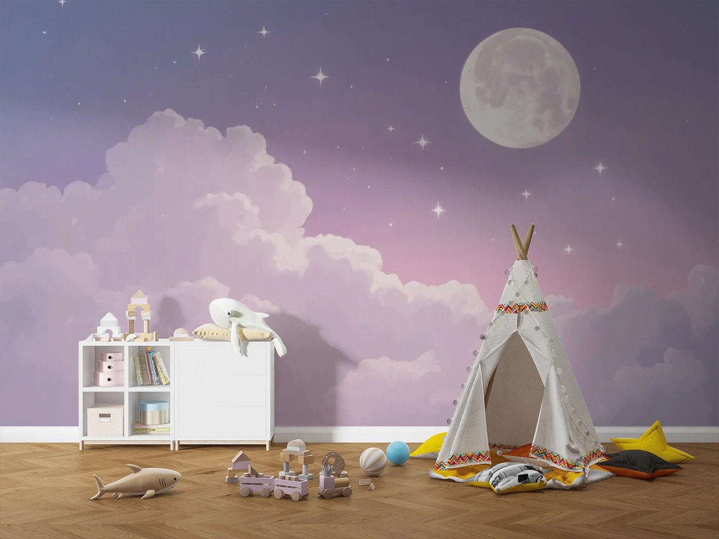 Moon and Stars Wall Mural | Celestial Purple Wallpaper