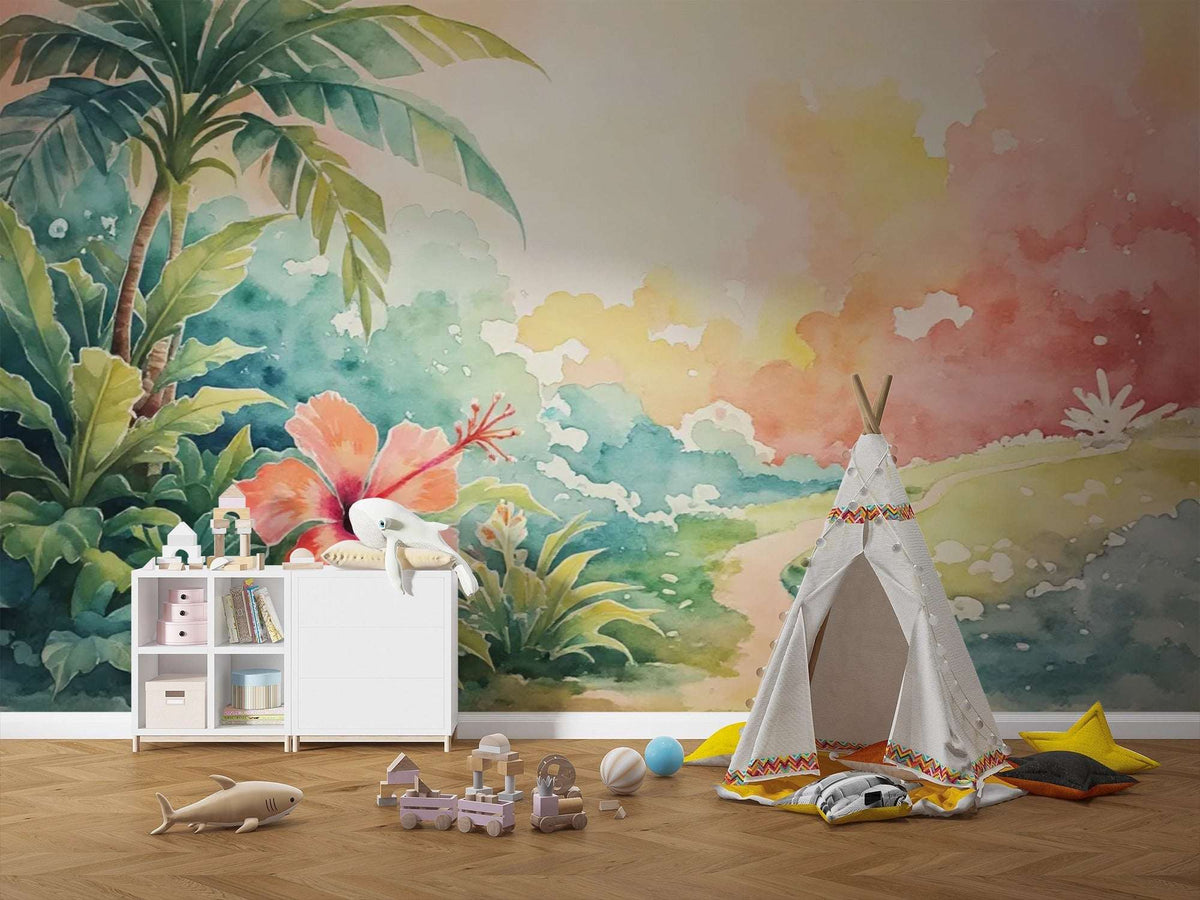 Jungle Dream Watercolor Mural Wallpaper - Adventure Awaits Nursery Wall Mural