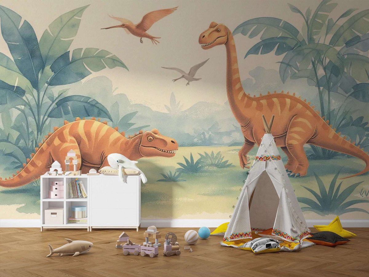 Playful Dinosaur Wall Mural - Dino Friends Nursery Wallpaper