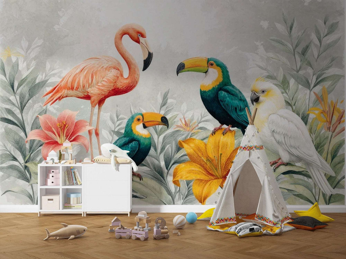 Jungle Birds Wallpaper Mural for Nursery and Kids Rooms