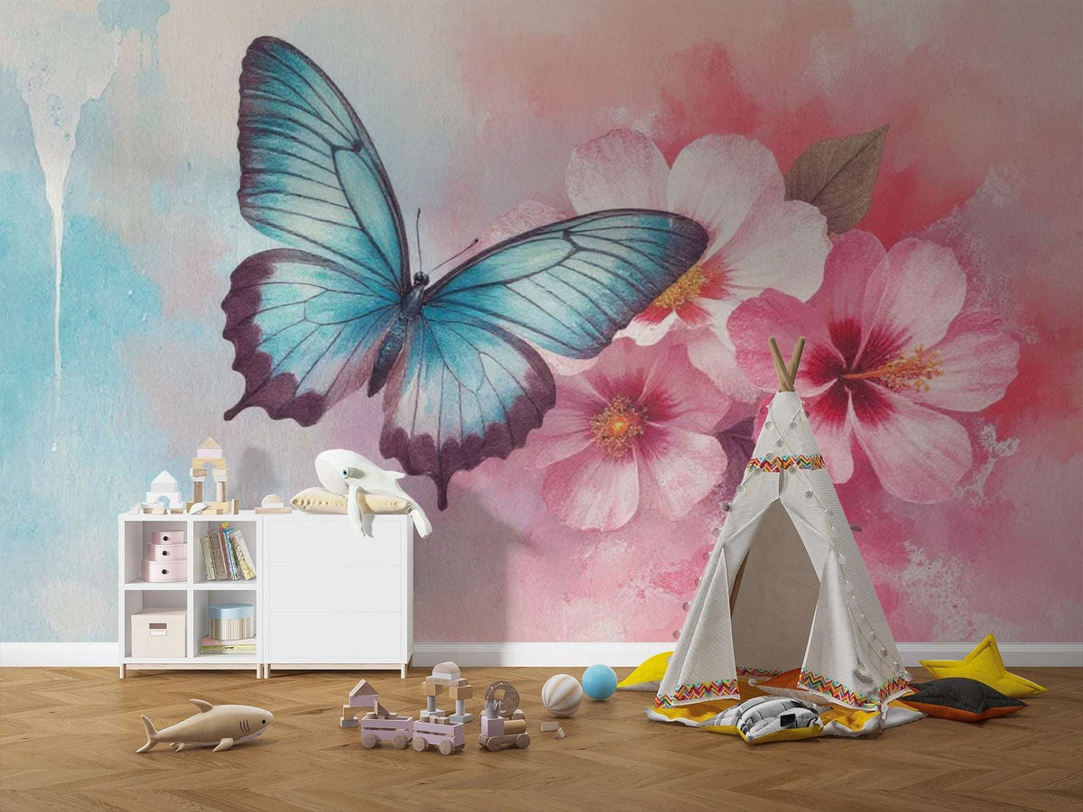 Giant Butterfly Wall Mural - Watercolor Butterfly & Flowers Wallpaper