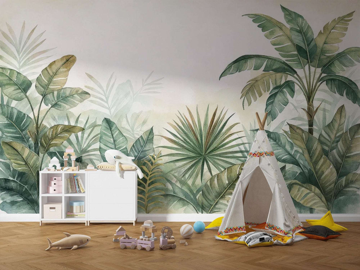 Watercolor Jungle Mural, Tropical Botanical Wallpaper, Palm Leaf Nursery Decor