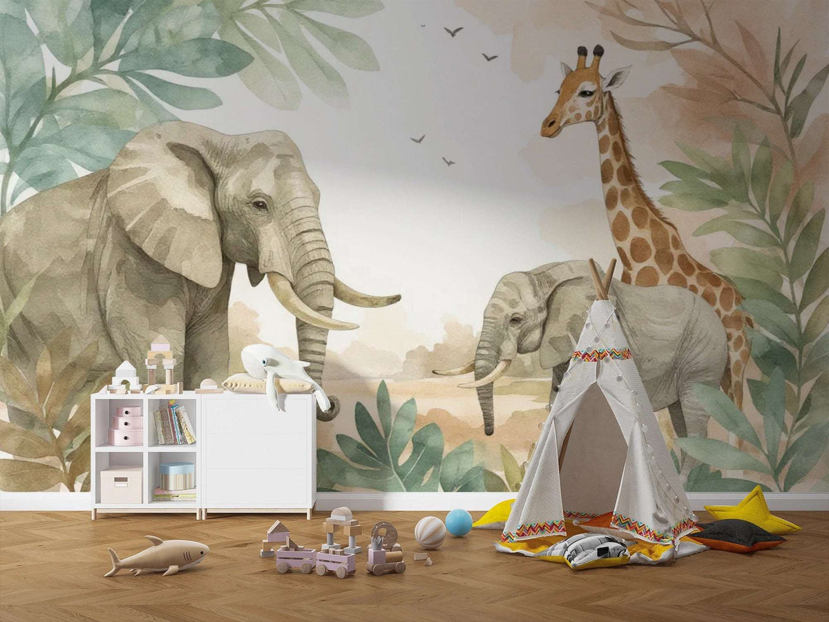 Safari Jungle Animals Wall Mural - Watercolor Elephant & Giraffe Wallpaper
