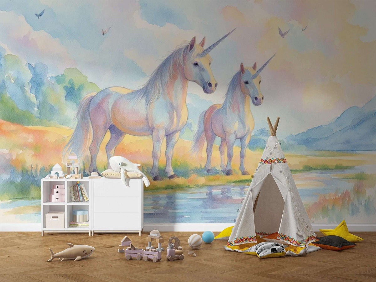 Watercolor Unicorn Wallpaper Mural, Fantasy Nursery Decor, Magical Peel and Stick Wall Mural