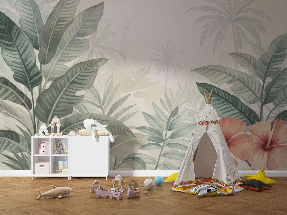 Tropical Leaves Wallpaper, Jungle Nursery Mural, Botanical Palm Leaf Wall Decal