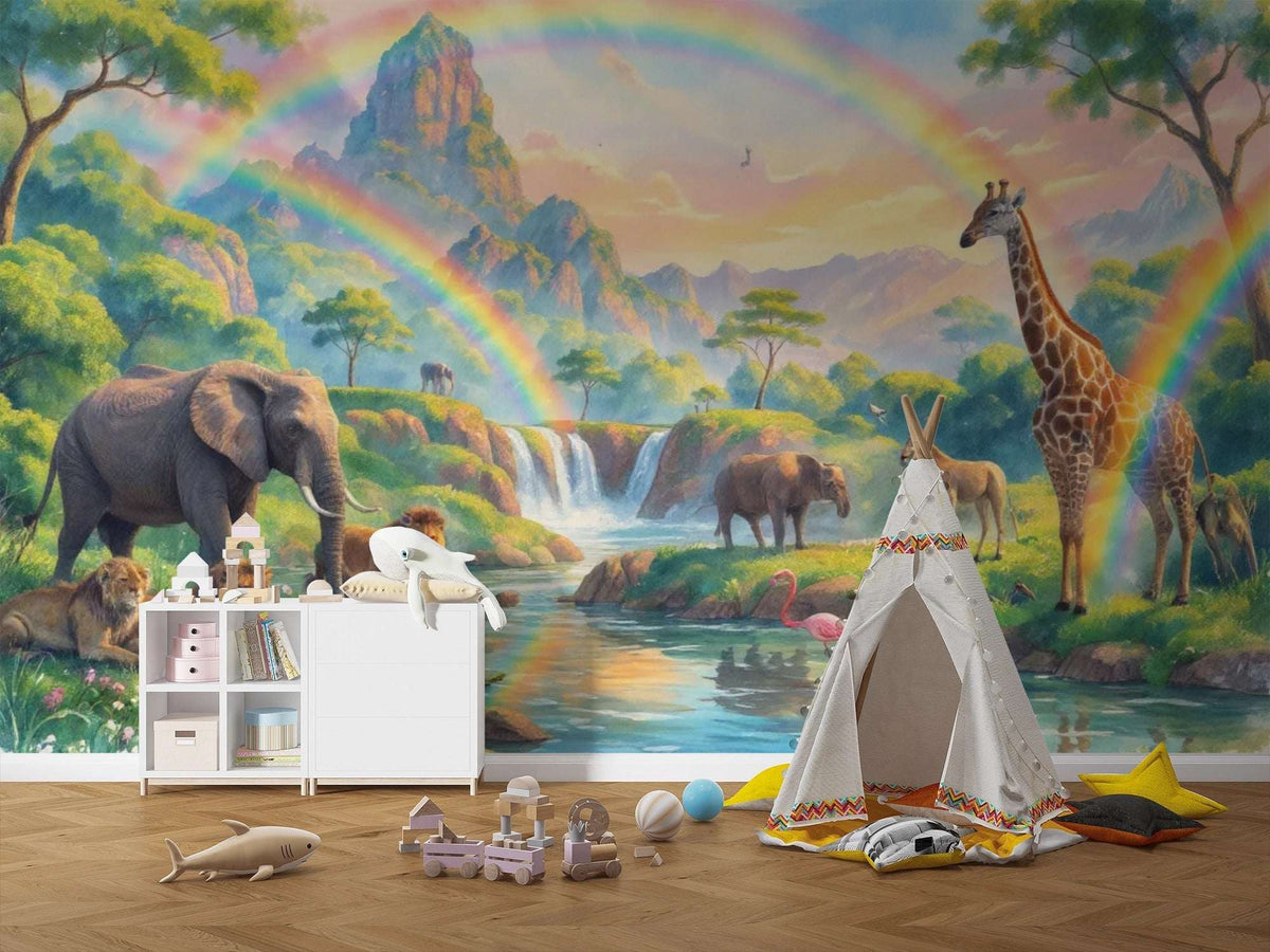 Safari Rainbow Wall Mural - African Animals Nursery Wallpaper