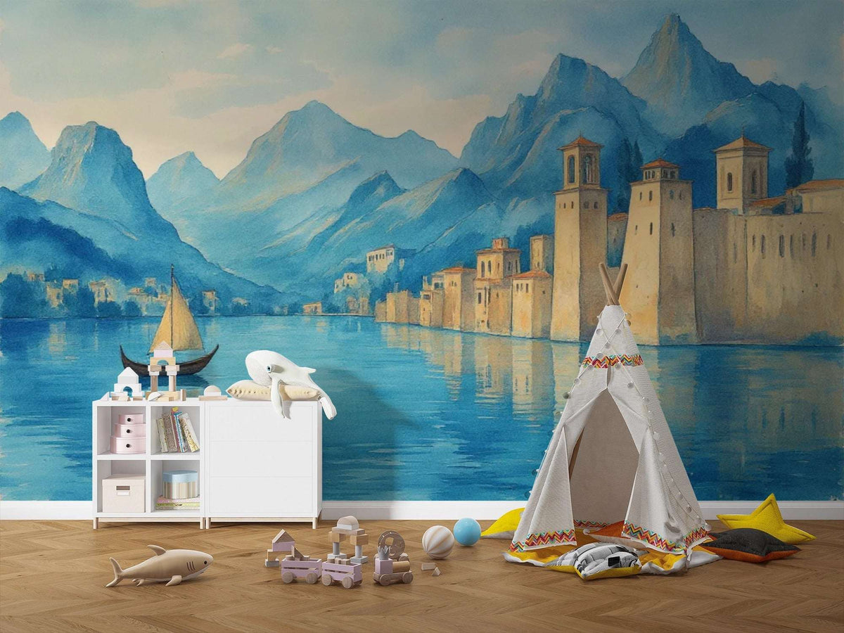 Watercolor Coastal City & Mountain Wall Mural - European Scenery Kids Room Decor