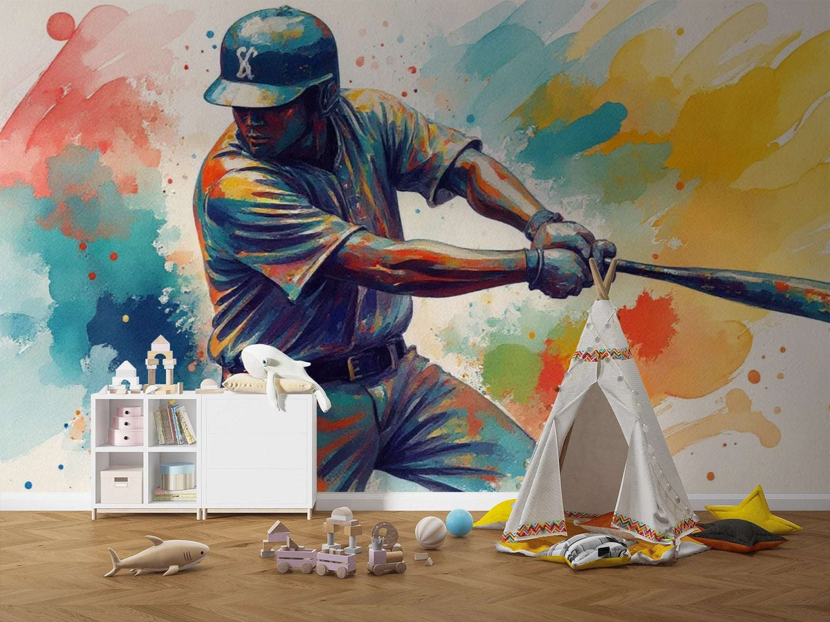 Abstract Watercolor Baseball Player Wall Mural - Sports Themed Kids Room Decor