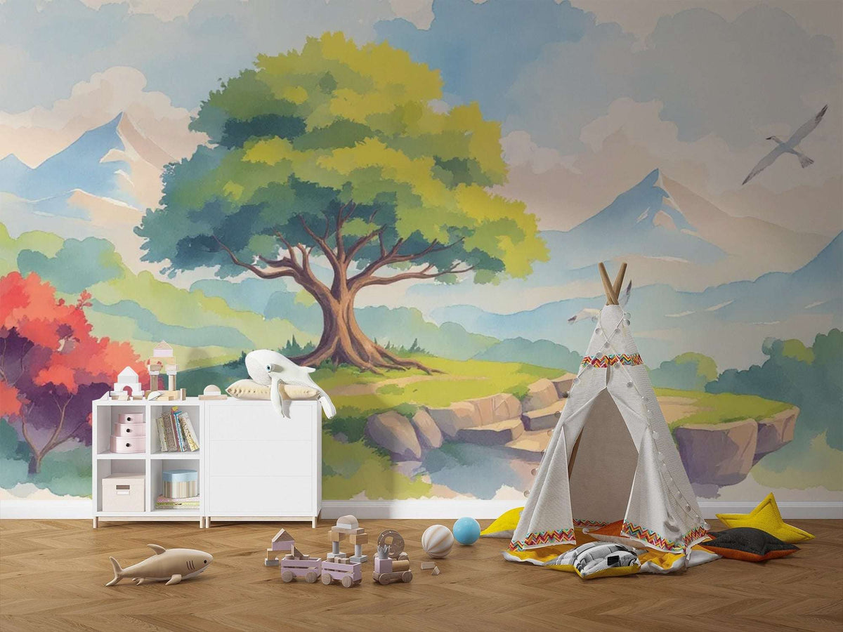 Magical Forest Mountain Nursery Wallpaper - Watercolor Mural for Kids Room Decor