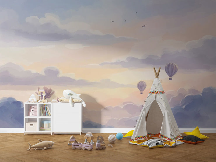 Watercolor Sky Wall Mural for Kids Room - Dreamy Cloud & Hot Air Balloon Wallpaper - Wallmotif.com