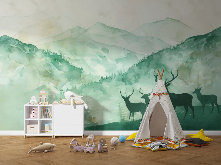 Watercolor Forest & Deer Wallpaper - Green Mountains Forest Wall Mural - Wallmotif.com