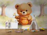 Cute Teddy Bear with Honey Pot Wall Mural - Sweet Teddy Bear Nursery Wallpaper - Wallmotif.com