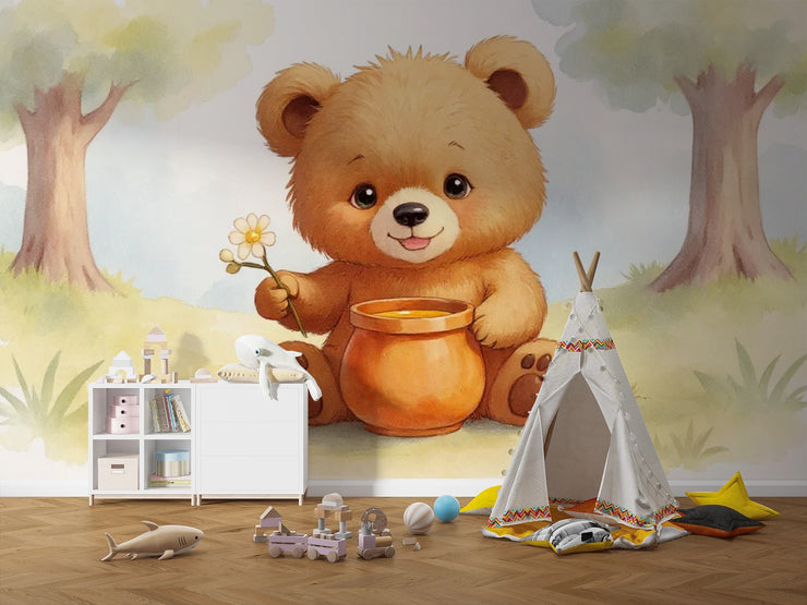 Cute Teddy Bear with Honey Pot Wall Mural - Sweet Teddy Bear Nursery Wallpaper - Wallmotif.com