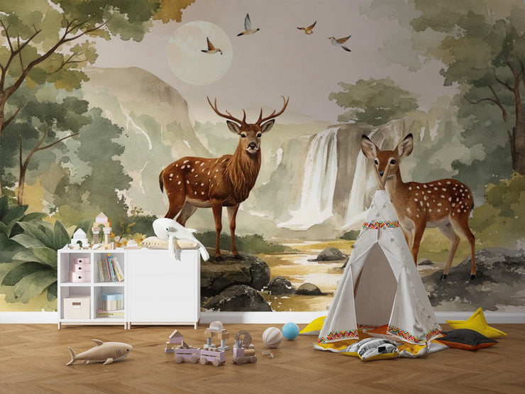 Enchanted Forest Deer Wallpaper Mural - Custom Nursery Wall Decor - Wallmotif.com