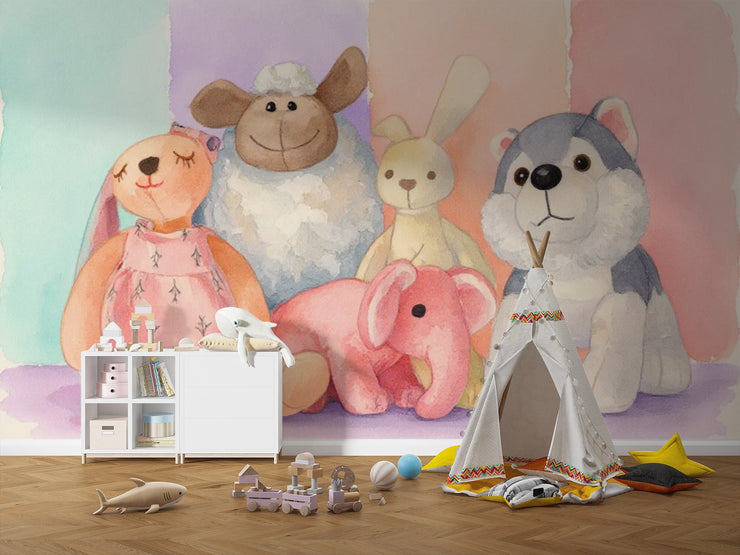 Cuddly Plush Friends Wall Mural - Watercolor Wallpaper for Nursery & Baby Room Decor - Wallmotif.com