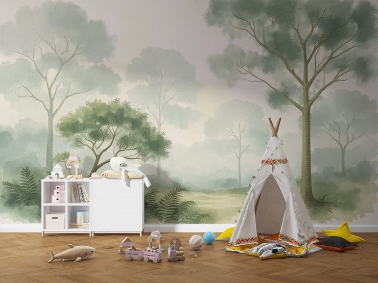 Watercolor Forest Trees Wall Mural – Kids Room Nature Peel and Stick Wallpaper - Wallmotif.com