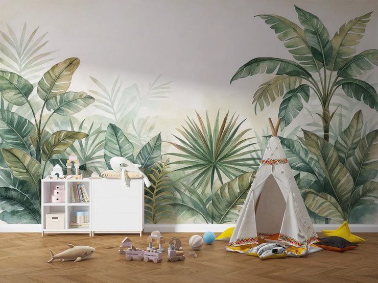 Watercolor Jungle Mural, Tropical Botanical Wallpaper, Palm Leaf Nursery Decor - Wallmotif.com