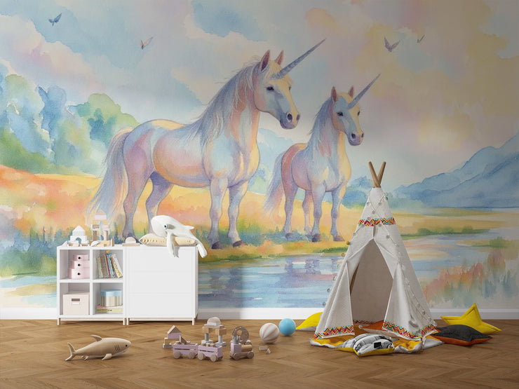 Watercolor Unicorn Wallpaper Mural, Fantasy Nursery Decor, Magical Peel and Stick Wall Mural - Wallmotif.com