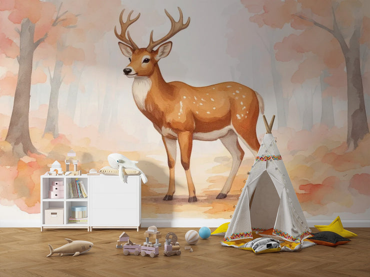Watercolor Deer Forest Wallpaper Mural Blush Orange Tones - Wallmotif.com