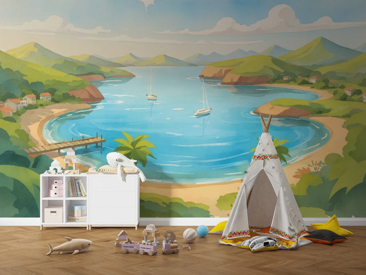 Coastal Escape Wall Mural for Kids - Sunny Bay Watercolor Mural Wallpaper - Wallmotif.com