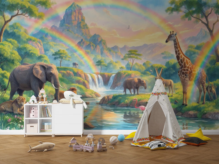 Safari Rainbow Wall Mural - African Animals Nursery Wallpaper - Wallmotif.com