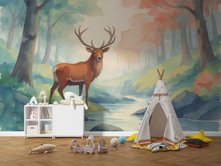 Woodland Deer Wall Mural Magical Forest Animal Wallpaper for Playroom - Wallmotif.com