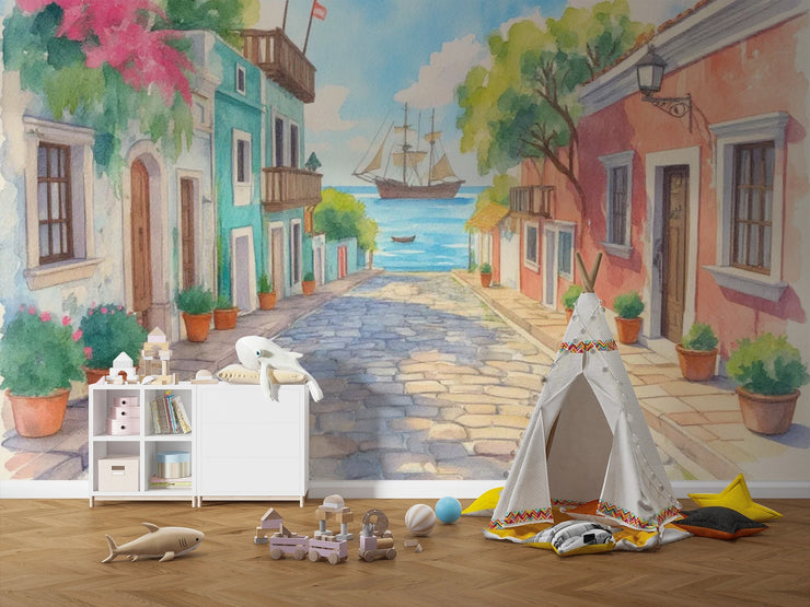 Mediterranean Street Wall Mural – Colorful Coastal Village Peel and Stick Wallpaper - Wallmotif.com