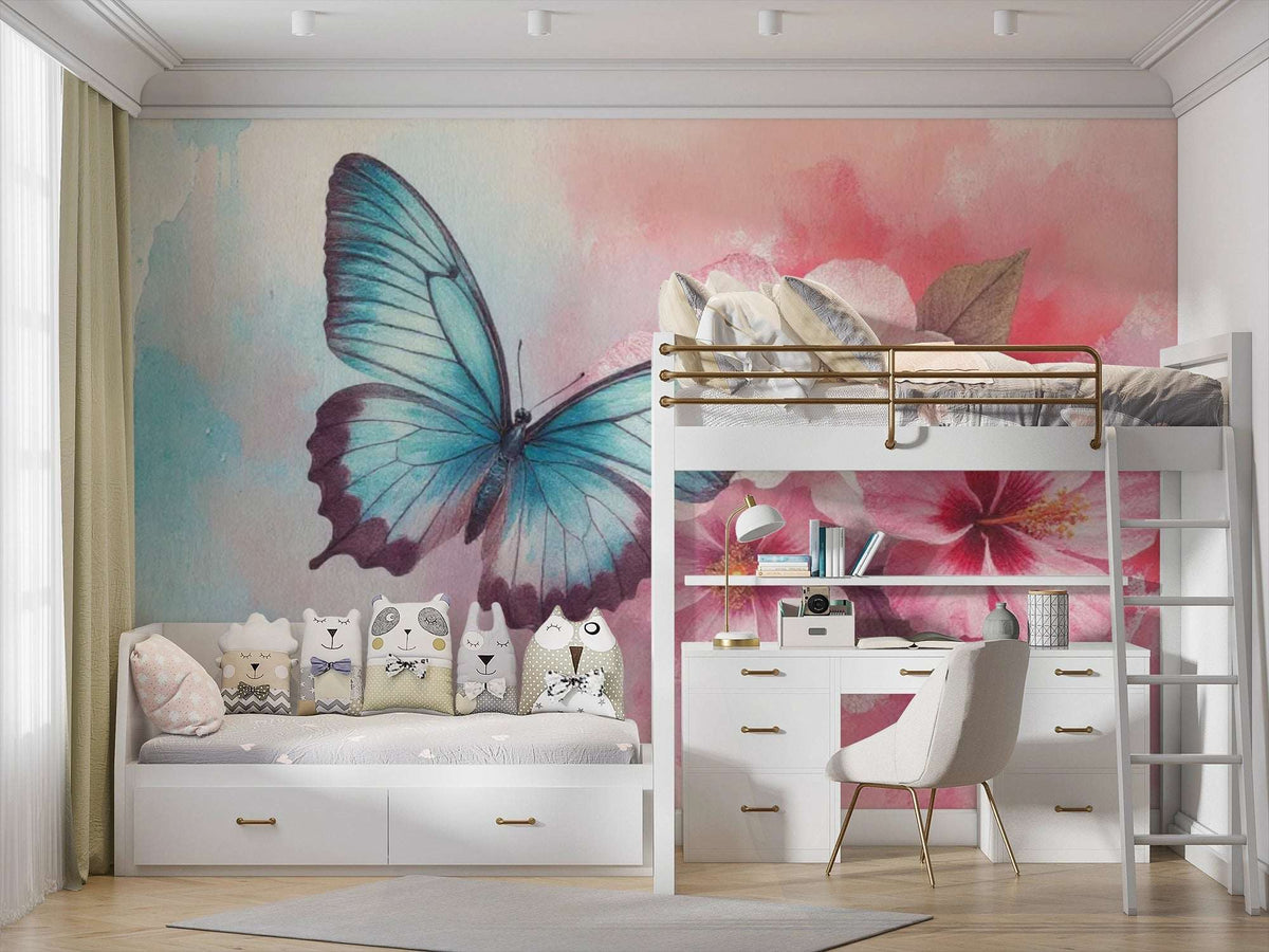 Giant Butterfly Wall Mural - Watercolor Butterfly & Flowers Wallpaper