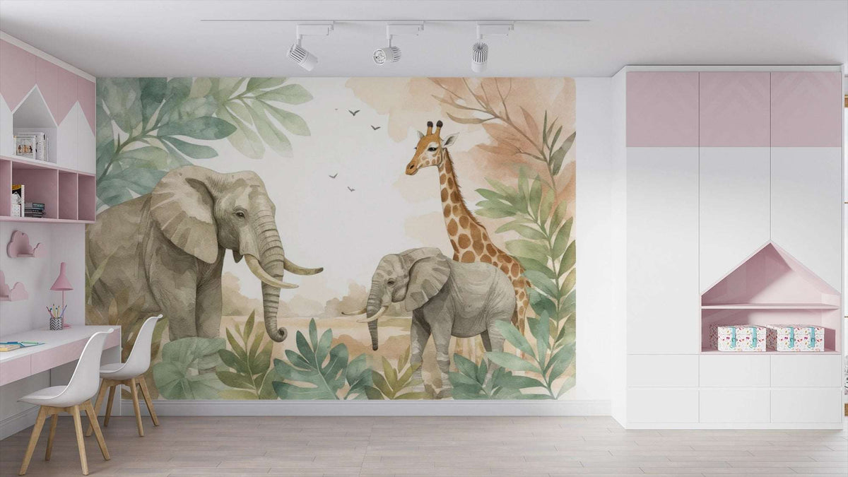 Safari Jungle Animals Wall Mural - Watercolor Elephant & Giraffe Wallpaper