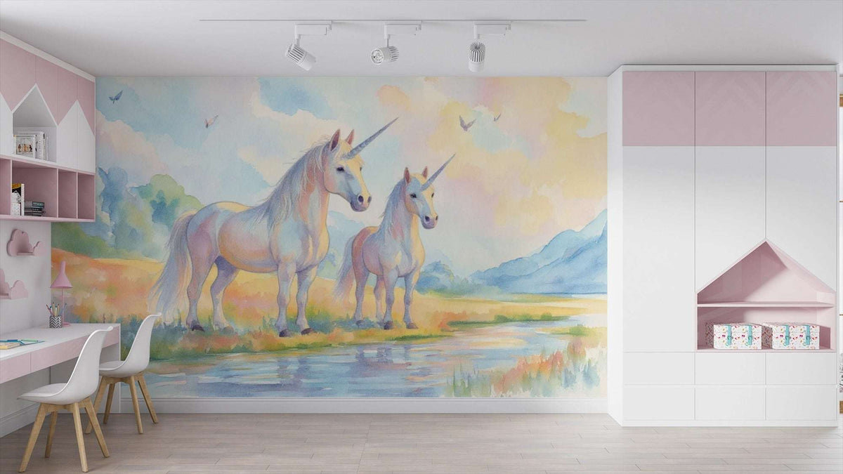 Watercolor Unicorn Wallpaper Mural, Fantasy Nursery Decor, Magical Peel and Stick Wall Mural