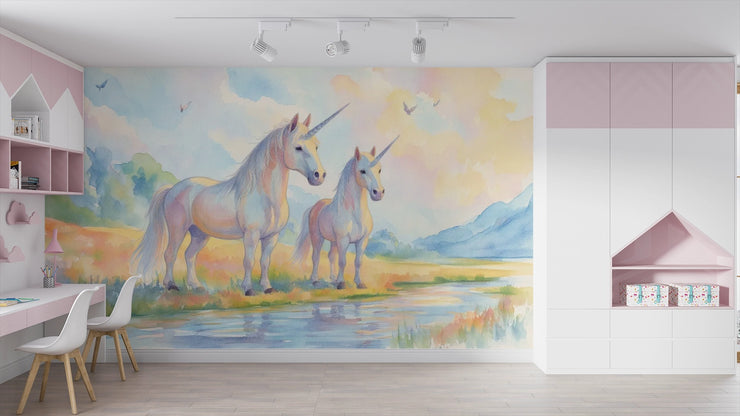 Watercolor Unicorn Wallpaper Mural, Fantasy Nursery Decor, Magical Peel and Stick Wall Mural - Wallmotif.com