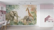 Safari Jungle Animals Wall Mural - Watercolor Elephant & Giraffe Wallpaper - Wallmotif.com