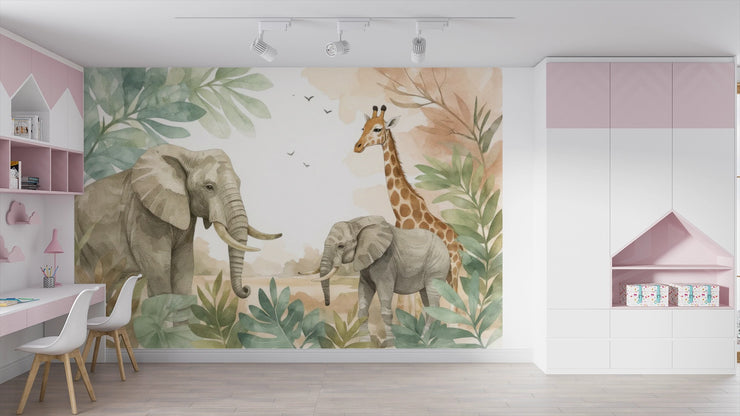 Safari Jungle Animals Wall Mural - Watercolor Elephant & Giraffe Wallpaper - Wallmotif.com
