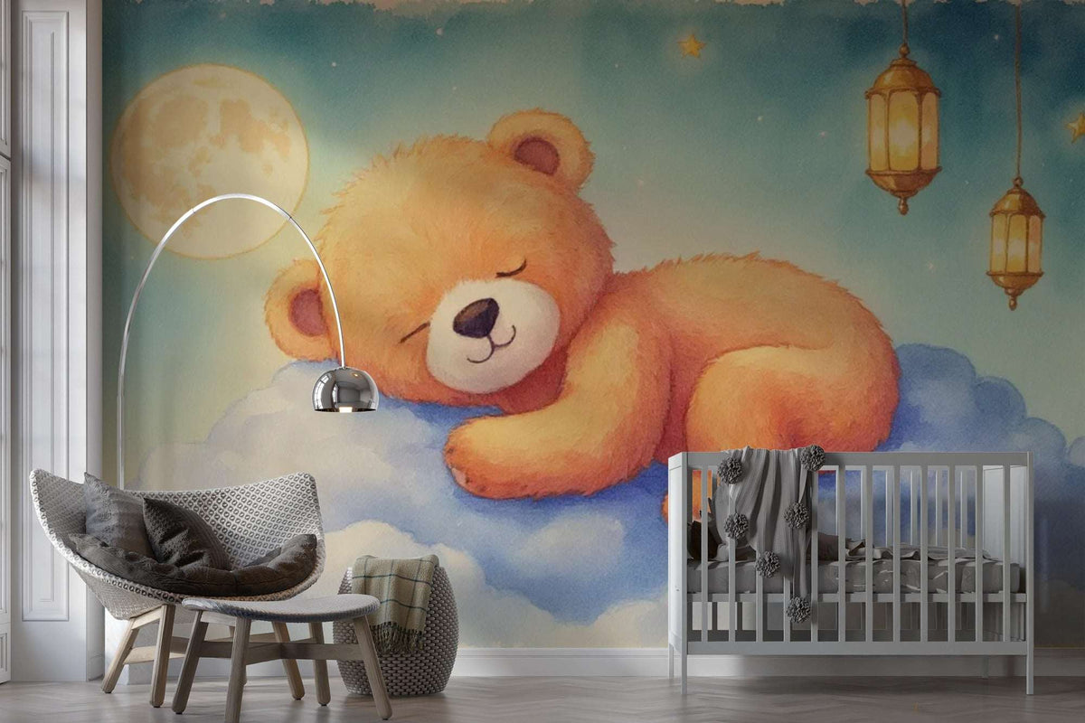 Dreamy Bear Moon Watercolor Wall Mural - Sleeping Teddy Bear Wall Mural for Nursery
