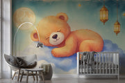 Dreamy Bear Moon Watercolor Wall Mural - Sleeping Teddy Bear Wall Mural for Nursery - Wallmotif.com