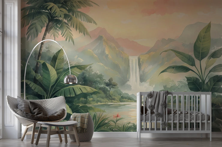 Tropical Paradise Wall Mural for Kids Room - Watercolor Jungle & Waterfall Wallpaper - Wallmotif.com