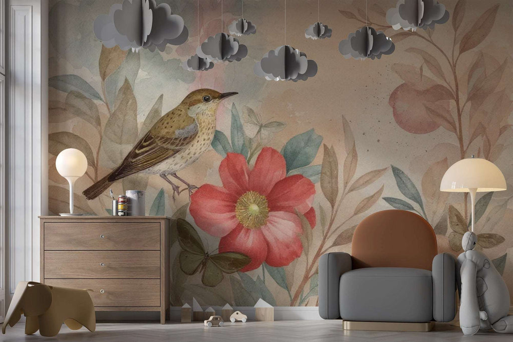 Watercolor Bird Floral Wallpaper, Nursery Mural, Removable Self-Adhesive Wall Decal