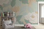 Pastel Floral Wall Mural – Botanical Leaves and Flowers Peel and Stick Wallpaper