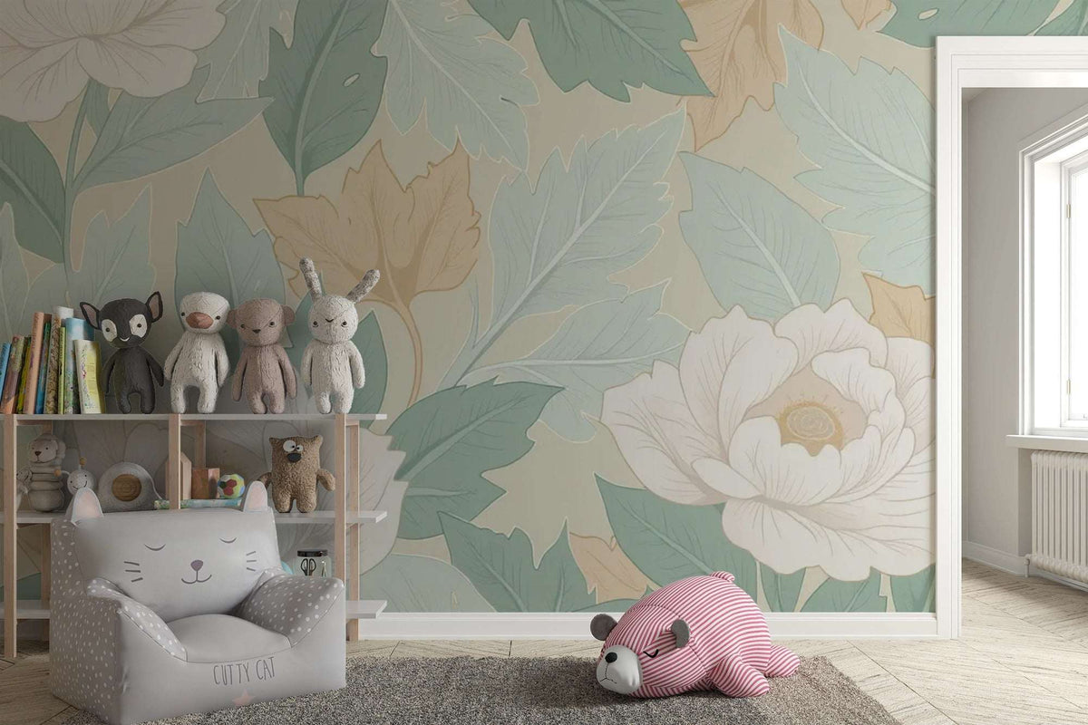 Pastel Floral Wall Mural – Botanical Leaves and Flowers Peel and Stick Wallpaper
