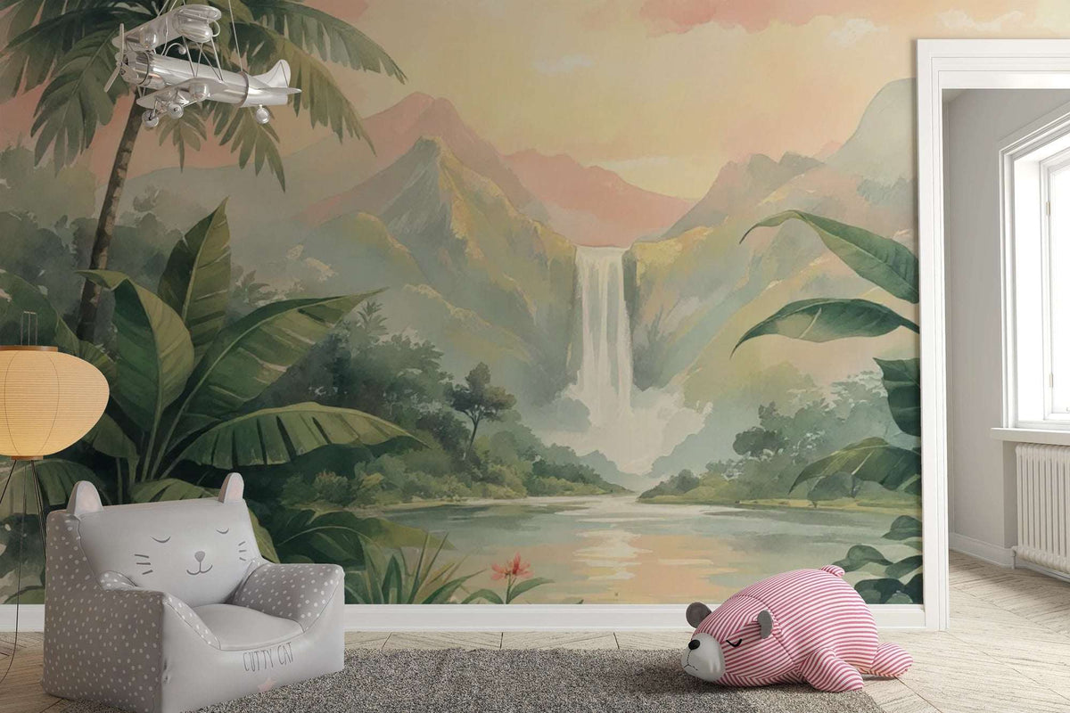 Tropical Paradise Wall Mural for Kids Room - Watercolor Jungle & Waterfall Wallpaper