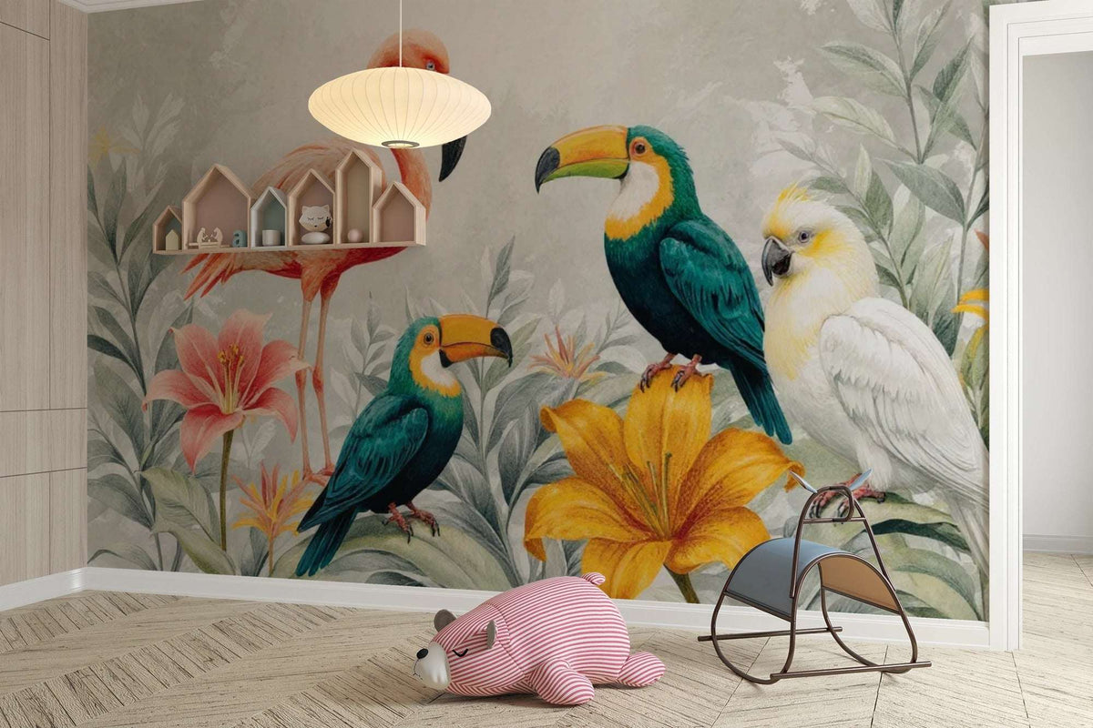 Jungle Birds Wallpaper Mural for Nursery and Kids Rooms