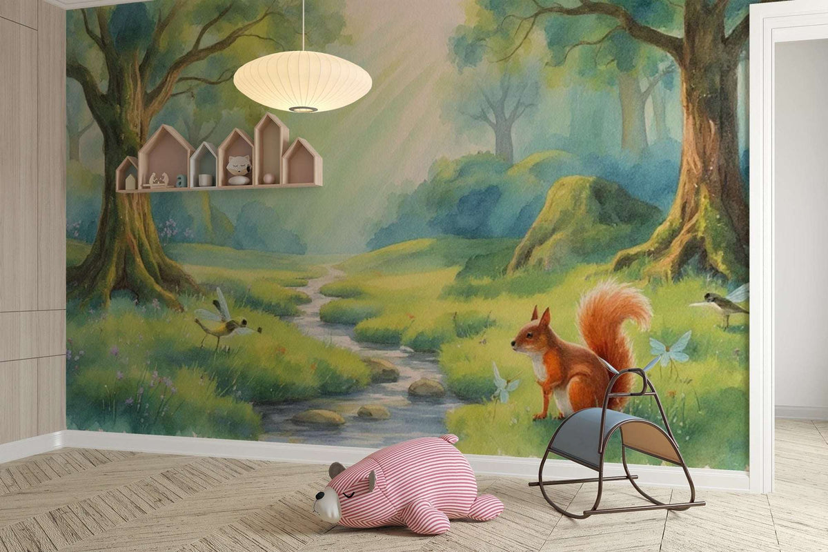 Enchanted Forest Squirrel Wallpaper Watercolor Animals Wall Mural