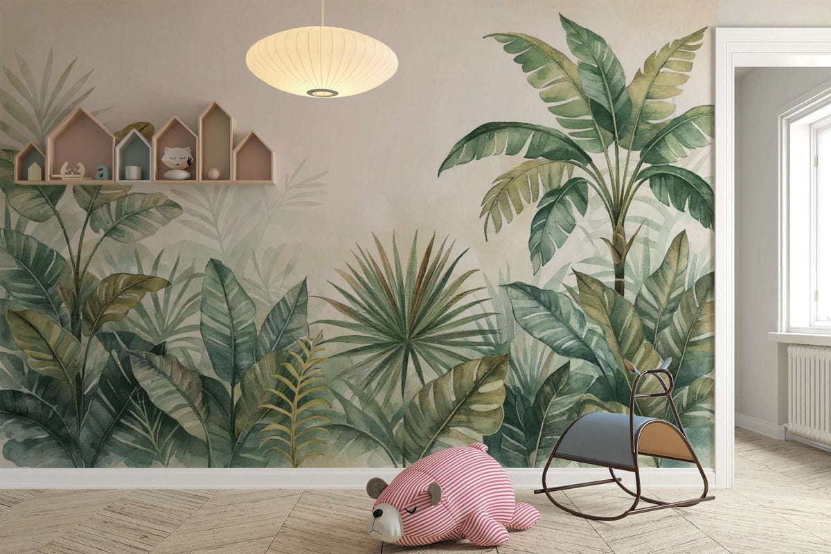 Watercolor Jungle Mural, Tropical Botanical Wallpaper, Palm Leaf Nursery Decor
