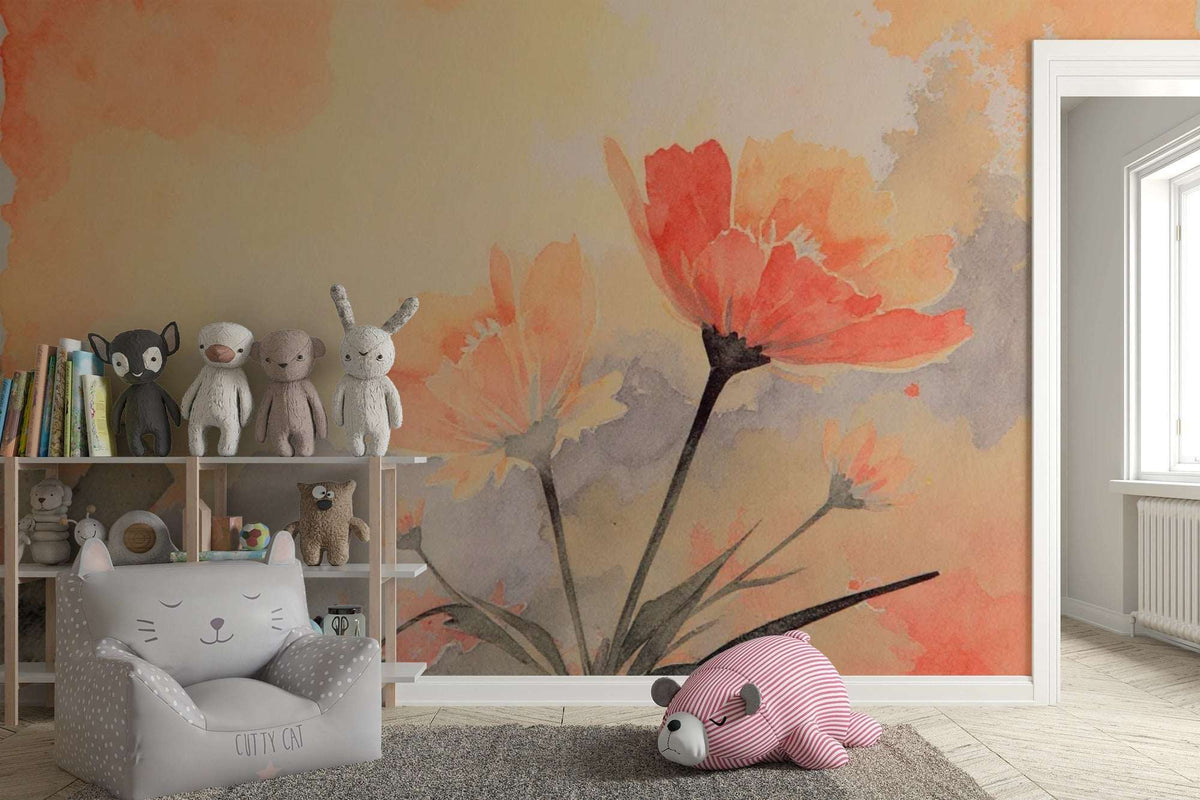 Watercolor Floral Wall Mural – Peach Orange Flower Peel and Stick Wallpaper