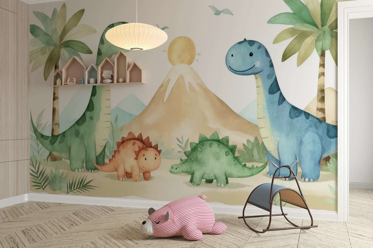 Watercolor Dinosaur Nursery Wallpaper - Friendly Dino Land Wallpaper