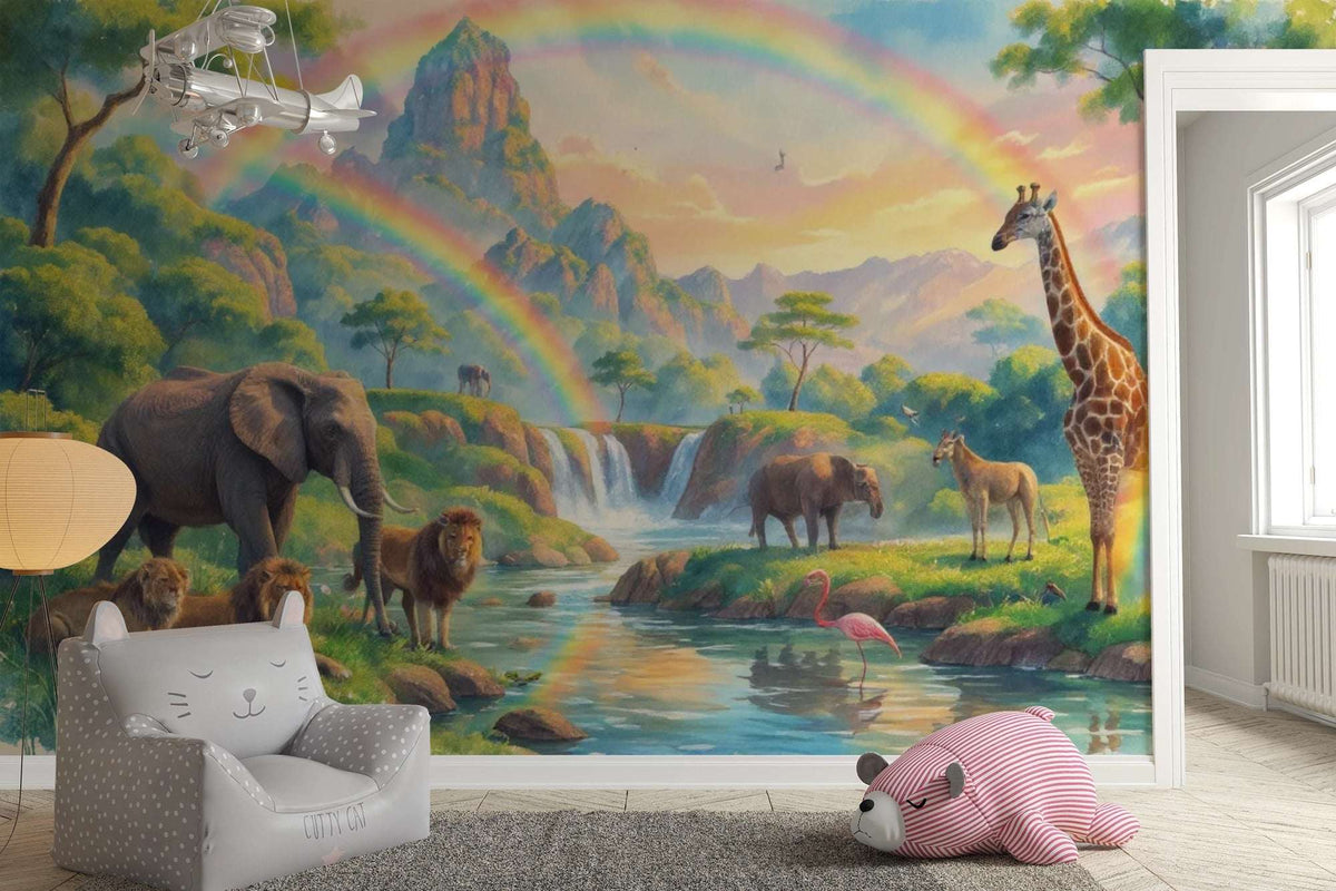 Safari Rainbow Wall Mural - African Animals Nursery Wallpaper