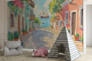 Mediterranean Street Wall Mural – Colorful Coastal Village Peel and Stick Wallpaper - Wallmotif.com