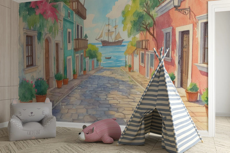 Mediterranean Street Wall Mural – Colorful Coastal Village Peel and Stick Wallpaper - Wallmotif.com