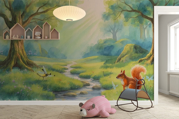 Enchanted Forest Squirrel Wallpaper Watercolor Animals Wall Mural - Wallmotif.com