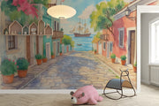 Mediterranean Street Wall Mural – Colorful Coastal Village Peel and Stick Wallpaper - Wallmotif.com